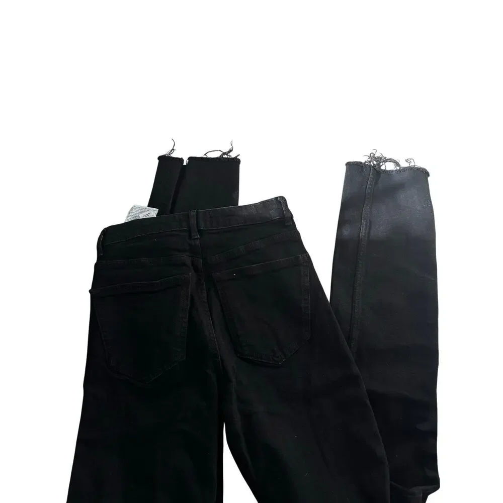 Zara Black Coated Straight Leg Jeans Frayed Hem Size US 2 EU 34 High Rise - Picture 7 of 7
